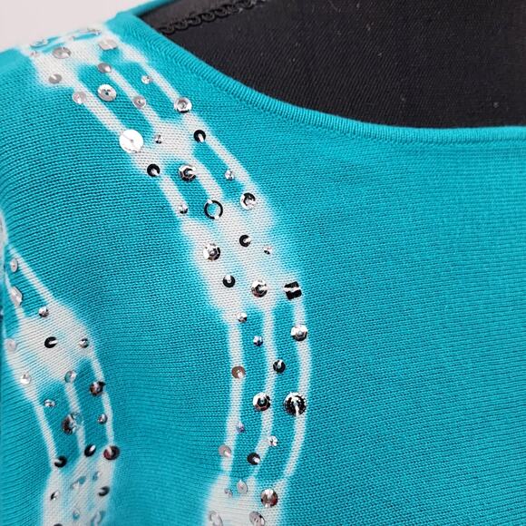 INC Blue and White w/Silver Sequin Short Draped Sleeve Sweater EUC Size S - Picture 3 of 8